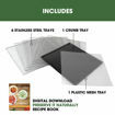 Set of stainless steel trays, crumb tray, plastic mesh tray, and digital recipe book on a white background with green header.