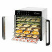 Excalibur 8 Tray Select dehydrator open with trays loaded with sliced fruit and vegetables.