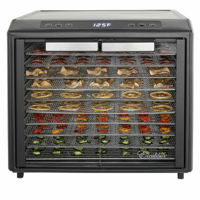 Front view of the Excalibur 10 Tray Select food dehydrator with all trays loaded and LED screen showing 125 degrees farenheit.