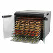 Excalibur 10 Tray Select food dehydrator open with fully loaded trays of sliced fruit and vegetables.
