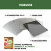 Included accessories for the Excalibur 10-Tray Performance Digital Dehydrator: ten stainless-steel trays, crumb tray, mesh tray, and recipe book.