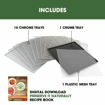 Set of 10 chrome trays, crumb tray, plastic mesh tray and digital recipe book included with the Excalibur 10 Tray Select Series.