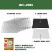 Set of 8 chrome trays, crumb tray, mesh sheet and recipe book included with the Excalibur 8 Tray Select Series.