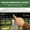 Excalibur food dehydrator with digital control panel and temperature settings, showing a hand adjusting the temperature.