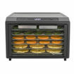Excalibur food dehydrator with digital display and multiple trays of food on a white background